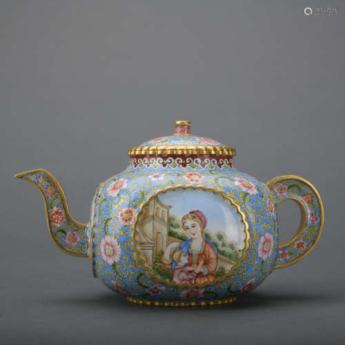 A enamel 'figure' teapot