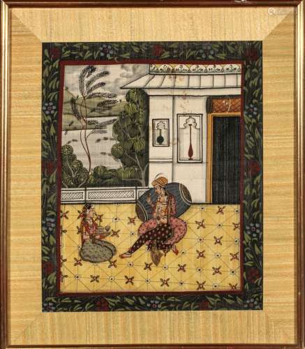 布面上的GOUACHE：一对夫妇在宫殿的露台上喝酒和服务。印度 19世纪...