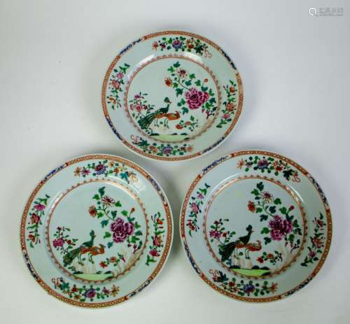 3 Famille rose Qianlong plates