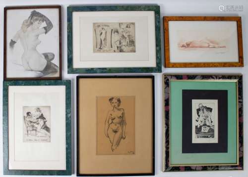 Lot with 6 erotic drawings/etchings/prints