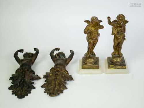 Lot with 2 bronze putti and 2 bronze wall sconces