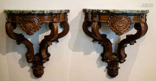 2 wooden carved consoles with green marble top