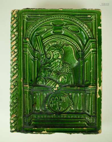 Large green fireplace tile Goliath ca 1580
