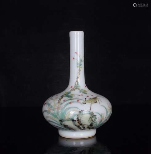 Qing daiqianlong powder enamel flat belly bottle with flower...