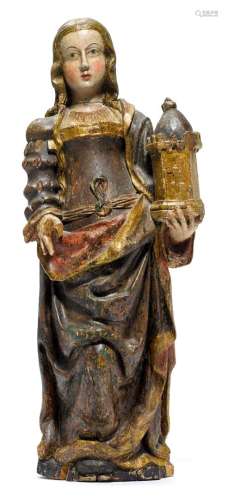 SACRED BARBARA意大利北部或勃艮第地区，17世纪橡木全圆雕，镶嵌，部...