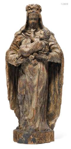 MADONNA WITH CHILD巴洛克风格，可能是西班牙约1700年的作品。木雕...