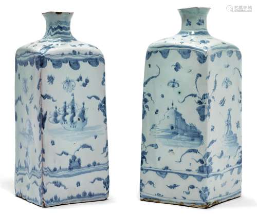 一对MAIOLIKA瓶萨沃纳，18世纪早期。方形，圆锥形。浅蓝色背景上绘有...