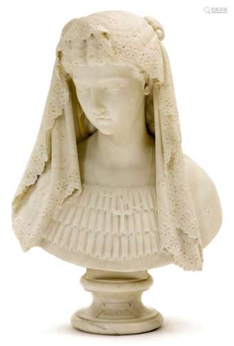 ANTONIO BOTTINELLI(1827 - 1898)女性大理石半身像，寓意谦虚。白色...