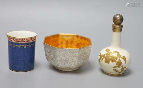 A Wedgwood lustre small bowl, a Wedgwood cup and a scent bot...