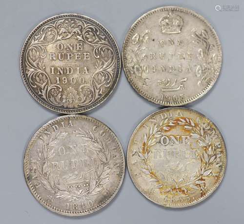 British Empire, India, four silver One Rupee, 1835, edge fau...