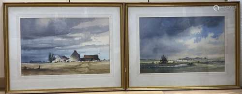 Dennis Pannett (1939-), two watercolours, Cattle in a landsc...