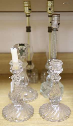 A pair of large glass shades, a pair of glass candlesticks, ...