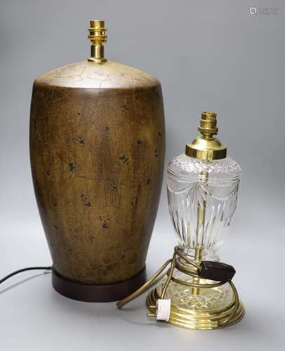 A cut glass and brass table lamp, and another lamp, tallest ...