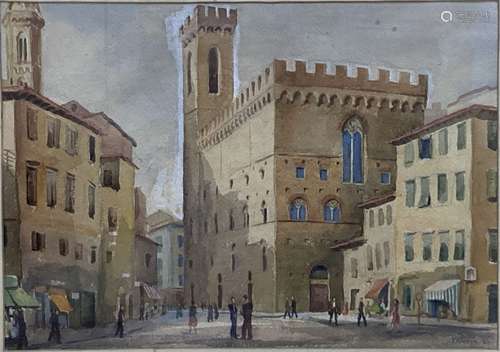 J. Macken, watercolour, Spanish street scene with church, si...