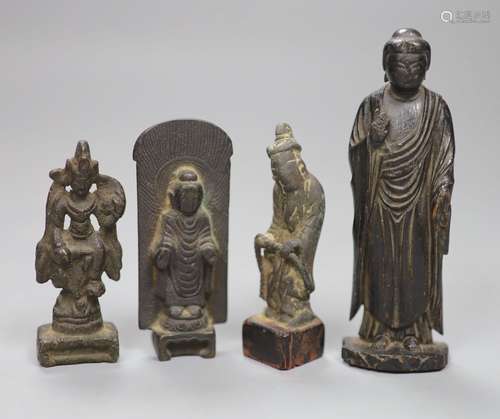 Two Chinese bronze Buddha, a bronze of a deity and a carved ...