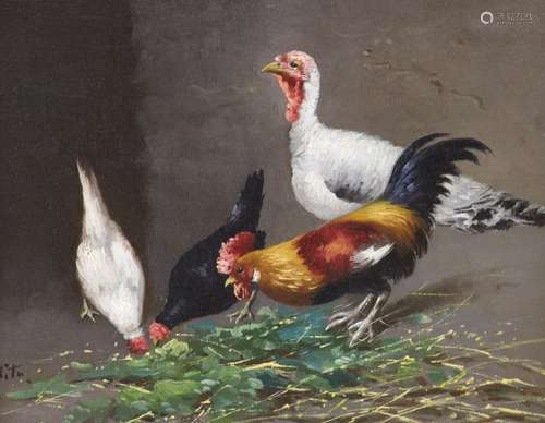 20th Century School, Turkey, cockerel and chickens, indistin...