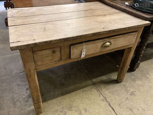 A 19th century pine and fruitwood kitchen table, width 105cm...