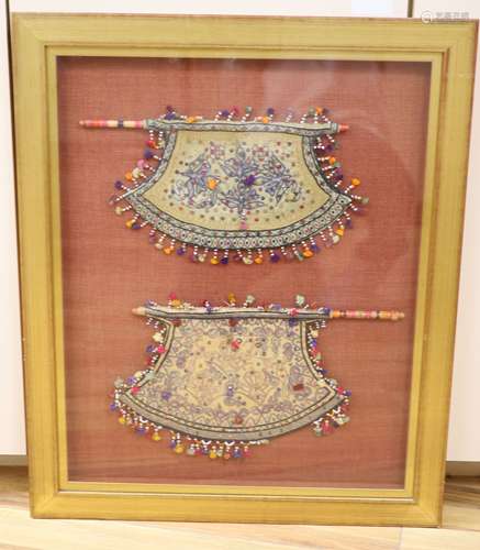 Chinese framed beaded embroideries, two framed as one