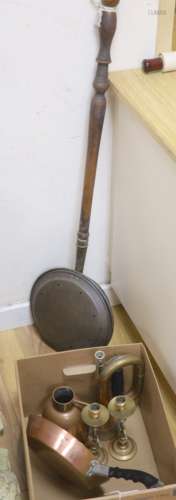 A quantity of mixed copper and brassware including a bed pan...