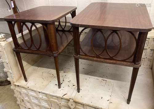 A near pair of mahogany two tier occasional tables, width 65...