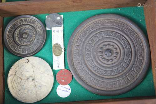 Three Chinese metal models of mirrors and three tokens or ma...