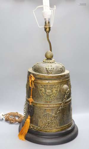 A Tibetan brass box converted lamp base, height 44cm excludi...