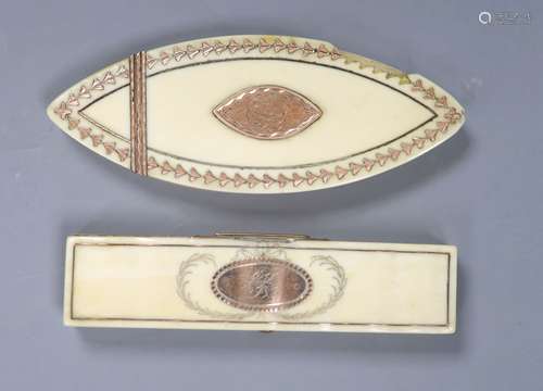 Two George III gold-mounted ivory toothpicks cases, both wit...