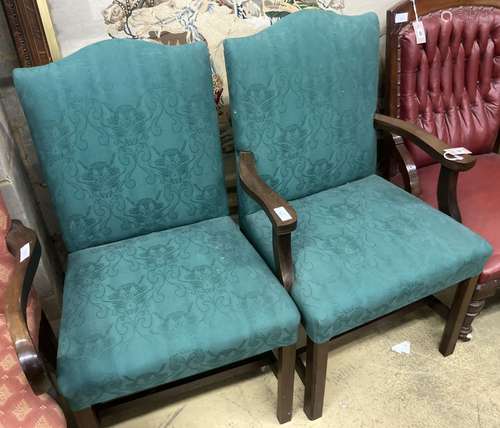 A pair of George III mahogany upholstered dining chairs (one...