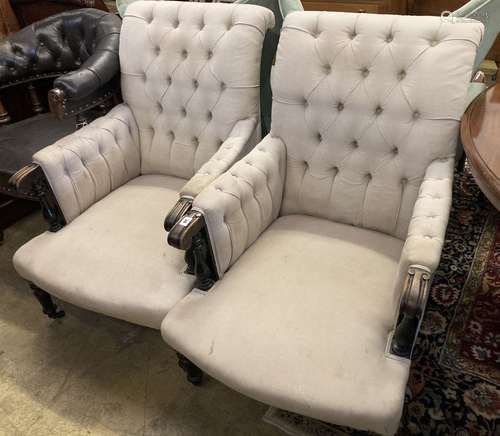 A pair of Victorian upholstered armchairs, width 66cm, depth...