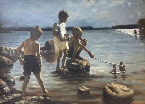 Italian School, oil on board, Boys with a model boat under m...