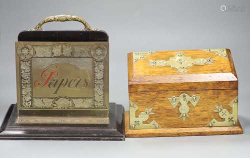 A Victorian oak and brass mounted stationary box and an earl...