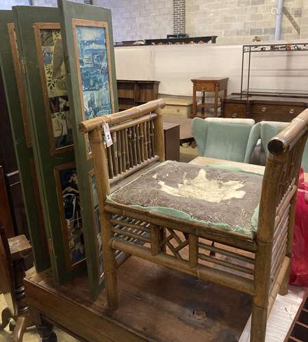 A small four fold screen and a bamboo dressing stool