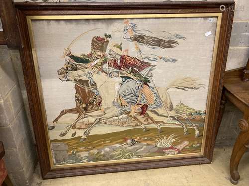 A large Victorian polychrome tapestry panel depicting a Huss...