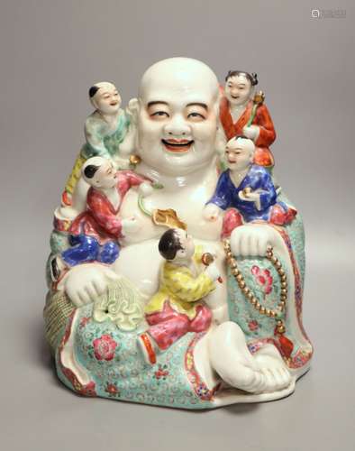 A large Chinese famille rose figure of Budai and children, m...