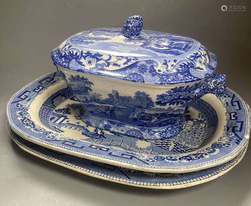 A Copeland Spode blue and white tureen and two Victorian mea...