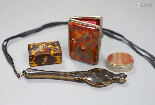 A tortoiseshell box, a purse and lorgnettes and a hardstone ...