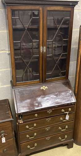 A Georgian style narrow mahogany bureau bookcase, width 76cm...