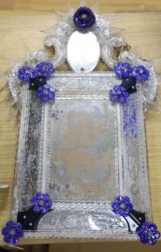 A Venetian engraved mirrored and blue glass wall mirror, len...