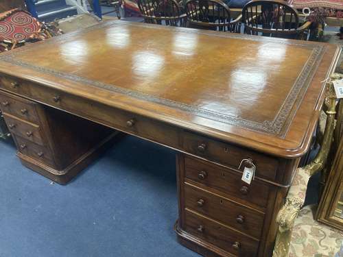 A Victorian mahogany pedestal partner's desk, length 182cm, ...