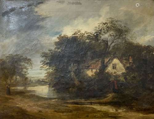 Norwich School, oil on canvas, Landscape with figures passin...