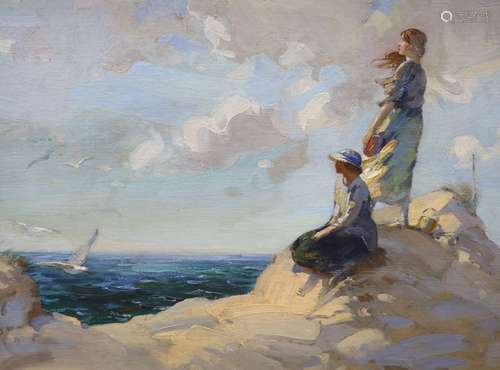 British School (20th century), Coastal scene with two young ...