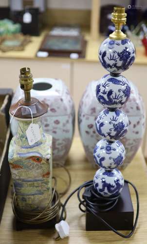 Two Chinese porcelain lamps and a pair of vases, tallest 58c...