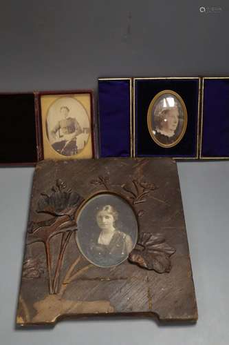 Three framed photographic miniatures, one hand coloured