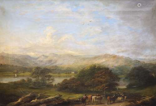 J.F Bird (19th C.)oil on canvasCattle drover in a landscapel...