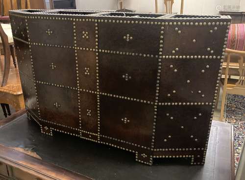 A brass studded leather mounted four division stick stand, w...