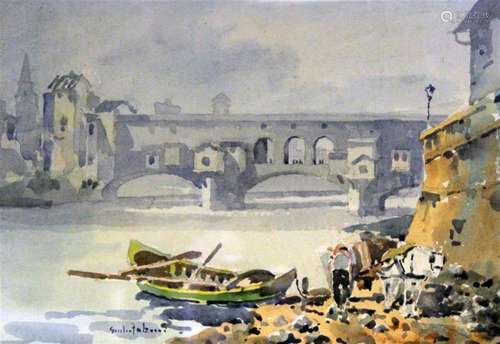 Giulio Falzoni (1900-1978), watercolour, View of the bridge ...