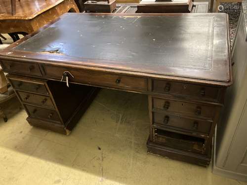 A Victorian mahogany pedestal partners' desk, length 152cm, ...