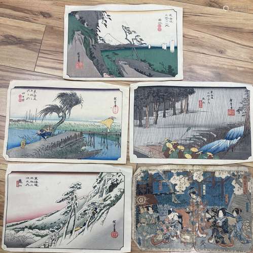 Japanese School , five woodblock prints, Women in a garden a...