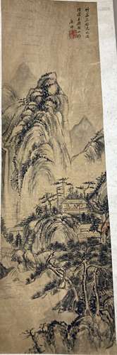 Chinese School, watercolour scroll painting, Mountainous lan...