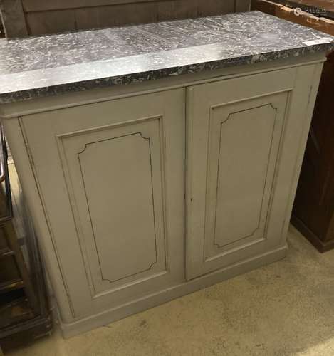 A Victorian painted pine marble top side cabinet, width 102c...